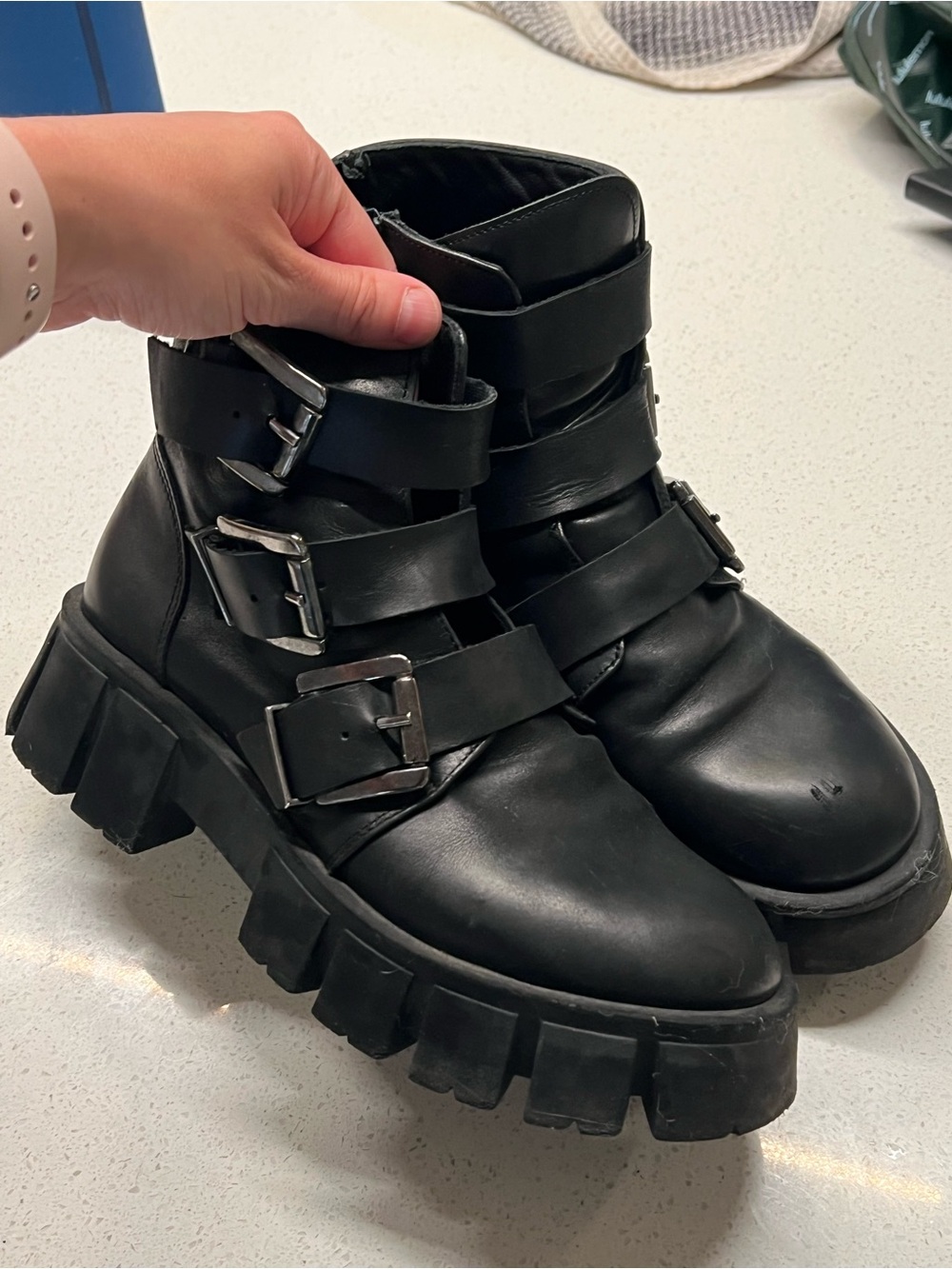 Women's Black Buckle Combat Boots with Chunky Lug Sole